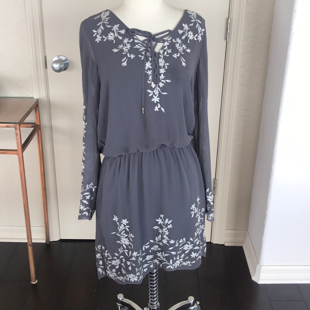 Gray Floral Embroidery Blouson Dress